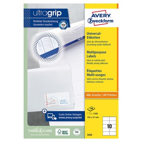 Avery Zweckform etykiety 105mm x 57mm, A4, białe, 10 etykiety, pakowane po 100 szt., 3425, do drukarek laserowych i atramentowyc Avery Zweckform etykiety 105mm x 57mm, A4, białe, 10 etykiety, pakowane po 100 szt., 3425, do drukarek laserowych i atramentowyc