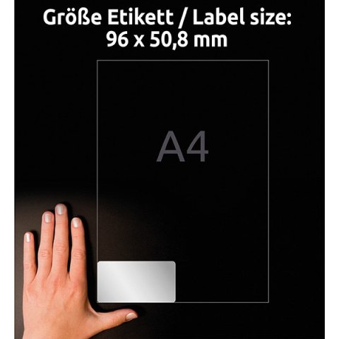 Avery Zweckform etykiety 96mm x 50.8mm, A4, srebrne, 10 etykiety, bardzo trwałe, pakowane po 20 szt., L6012-20, do drukarek lase Avery Zweckform etykiety 96mm x 50.8mm, A4, srebrne, 10 etykiety, bardzo trwałe, pakowane po 20 szt., L6012-20, do drukarek lase