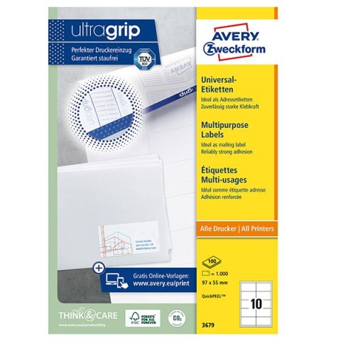 Avery Zweckform etykiety 97 x 55 mm, A4, białe, 10 etykiety, pakowane po 100 szt., 3679, do drukarek laserowych i atramentowych Avery Zweckform etykiety 97 x 55 mm, A4, białe, 10 etykiety, pakowane po 100 szt., 3679, do drukarek laserowych i atramentowych