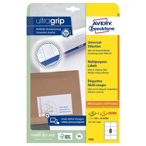 Avery Zweckform etykiety 97 x 67.7 mm, A4, białe, 8 etykiety, QuickPEEL, pakowane po 30 szt., 4782, do drukarek laserowych i atr Avery Zweckform etykiety 97 x 67.7 mm, A4, białe, 8 etykiety, QuickPEEL, pakowane po 30 szt., 4782, do drukarek laserowych i atr