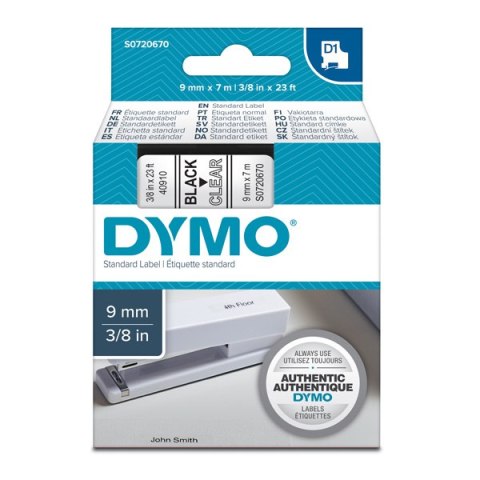 Dymo oryginalny taśma do drukarek etykiet, Dymo, 40910, S0720670, czarny druk/przezroczysta podkład, 7m, 9mm, D1 Dymo oryginalny taśma do drukarek etykiet, Dymo, 40910, S0720670, czarny druk/przezroczysta podkład, 7m, 9mm, D1