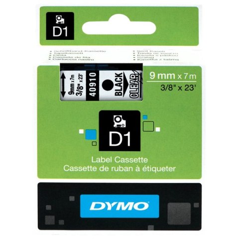 Dymo oryginalny taśma do drukarek etykiet, Dymo, 40910, S0720670, czarny druk/przezroczysta podkład, 7m, 9mm, D1 Dymo oryginalny taśma do drukarek etykiet, Dymo, 40910, S0720670, czarny druk/przezroczysta podkład, 7m, 9mm, D1