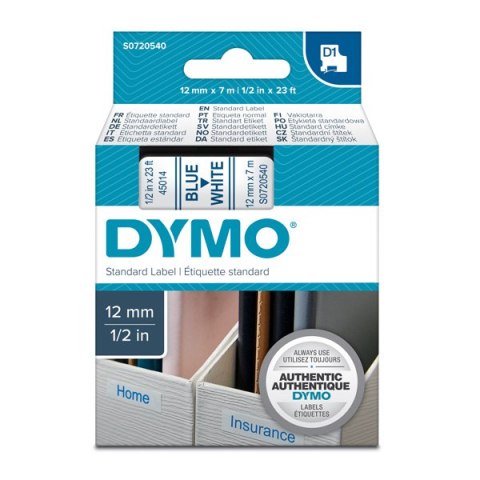Dymo oryginalny taśma do drukarek etykiet, Dymo, 45014, S0720540, niebieski druk/biały podkład, 7m, 12mm, D1 Dymo oryginalny taśma do drukarek etykiet, Dymo, 45014, S0720540, niebieski druk/biały podkład, 7m, 12mm, D1