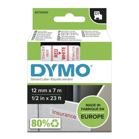 Dymo oryginalny taśma do drukarek etykiet, Dymo, 45015, S0720550, czerwony druk/biały podkład, 7m, 12mm, D1 Dymo oryginalny taśma do drukarek etykiet, Dymo, 45015, S0720550, czerwony druk/biały podkład, 7m, 12mm, D1