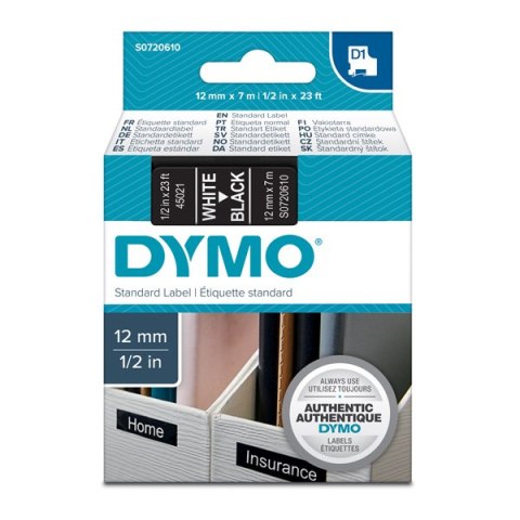 Dymo oryginalny taśma do drukarek etykiet, Dymo, 45021, S0720610, biały druk/czarny podkład, 7m, 12mm, D1 Dymo oryginalny taśma do drukarek etykiet, Dymo, 45021, S0720610, biały druk/czarny podkład, 7m, 12mm, D1