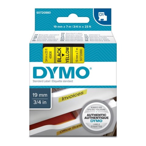 Dymo oryginalny taśma do drukarek etykiet, Dymo, 45808, S0720880, czarny druk/żółty podkład, 7m, 19mm, D1 Dymo oryginalny taśma do drukarek etykiet, Dymo, 45808, S0720880, czarny druk/żółty podkład, 7m, 19mm, D1