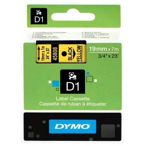 Dymo oryginalny taśma do drukarek etykiet, Dymo, 45808, S0720880, czarny druk/żółty podkład, 7m, 19mm, D1 Dymo oryginalny taśma do drukarek etykiet, Dymo, 45808, S0720880, czarny druk/żółty podkład, 7m, 19mm, D1