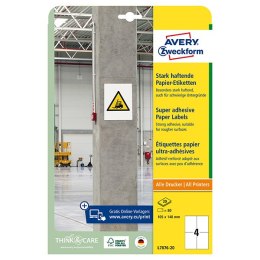 Avery Zweckform etykiety 105mm x 148mm, A4, białe, 4 etykiety, o wysokiej przylepności, pakowane po 20 szt., L7876-20, do drukar