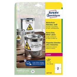 Avery Zweckform etykiety 210mm x 148mm, A4, matowe, białe, 2 etykiety, bardzo trwałe, pakowane po 20 szt., L4717-20, do drukarek