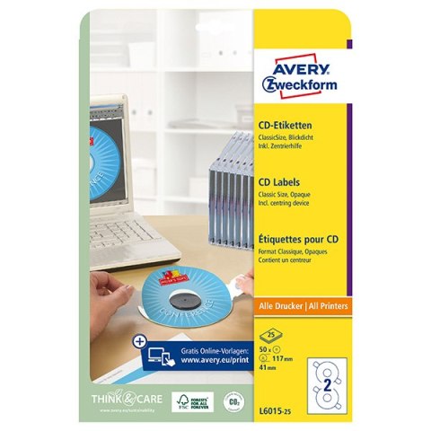 Avery Zweckform etykiety na CD 117/41mm, A4, matowe, białe, 2 etykiety, pakowane po 25 szt., L6015-25, do drukarek laserowych i Avery Zweckform etykiety na CD 117/41mm, A4, matowe, białe, 2 etykiety, pakowane po 25 szt., L6015-25, do drukarek laserowych i