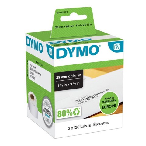 Dymo etykiety papierowe 89mm x 28mm, białe, adresowa, 2X130 szt., 99010, S0722370 Dymo etykiety papierowe 89mm x 28mm, białe, adresowa, 2X130 szt., 99010, S0722370