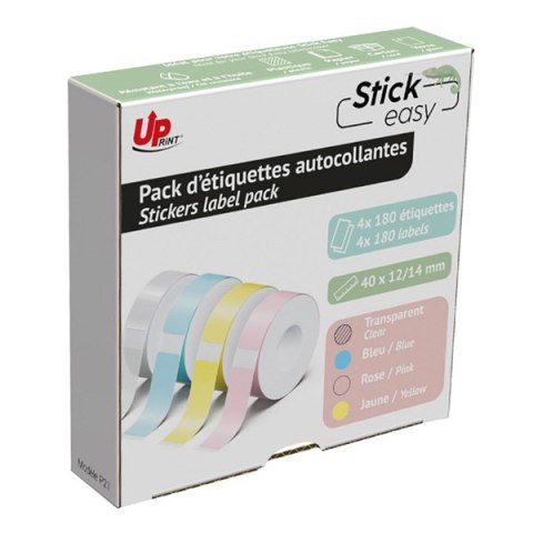 UPrint etykiety 14mmx40mm, pink, yellow, blue, transparent, 180 etykiety, UP21 4x180 PASTEL, do drukarek StickEasy UPrint etykiety 14mmx40mm, pink, yellow, blue, transparent, 180 etykiety, UP21 4x180 PASTEL, do drukarek StickEasy